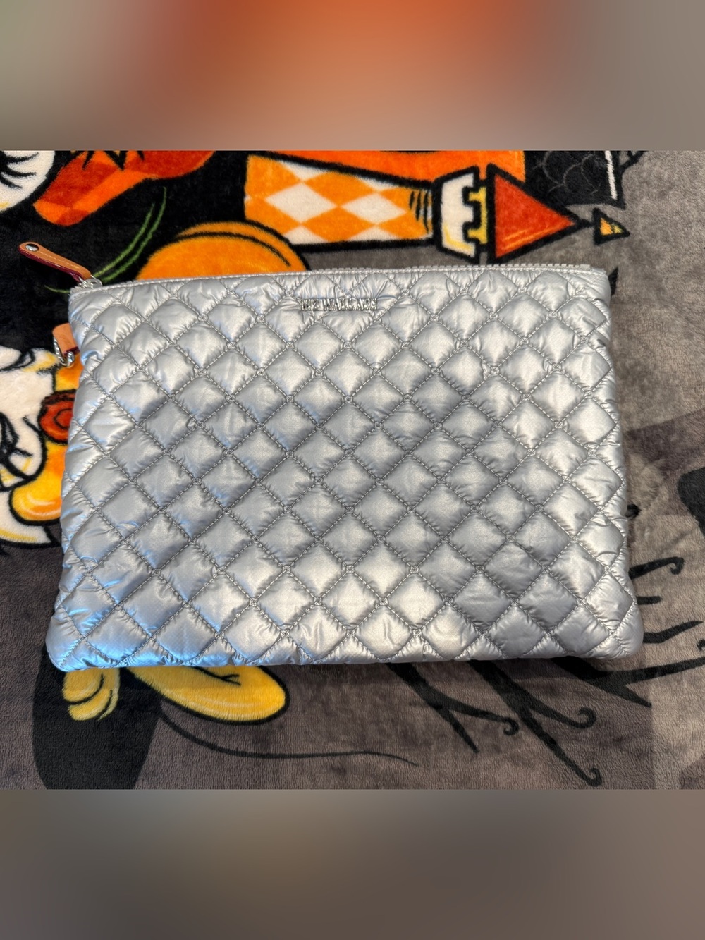 EUC MZ Wallace Metallic Silver Quilted Cosmetic Pouch Clutch with Yellow lining